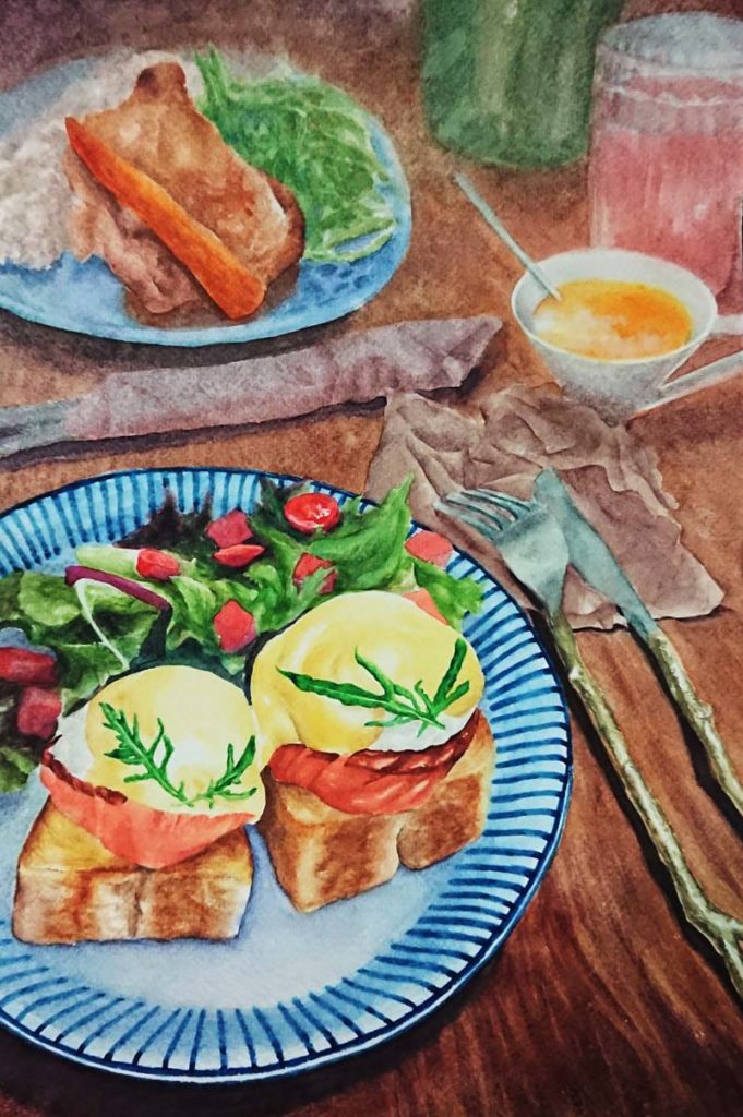 smoked-salmon-eggs-benedict-watercolor-food-painting-by-sweetfish-food-art