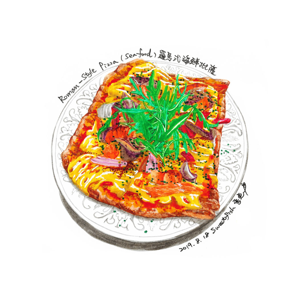 roman-style-seafood-pizza-marker-food-illustration-by-sweetfish-food-art