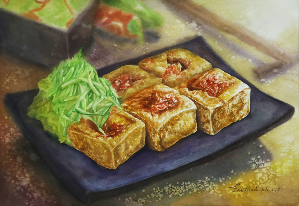 fried-stinky-tofu-watercolor-food-painting-by-sweetfish-food-art