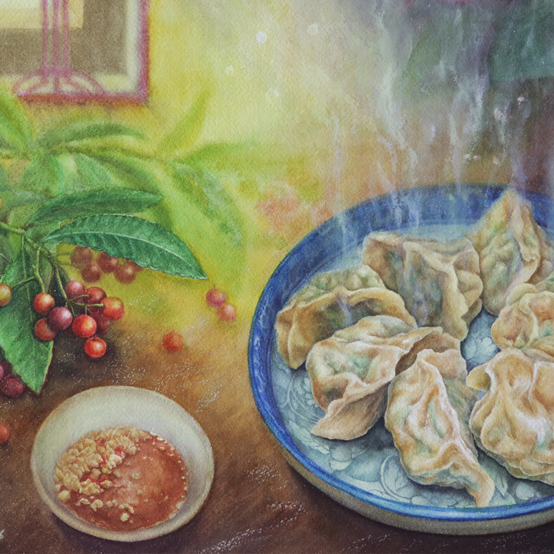 boiled-dumplings-and-ardisia-crispa-and-cyclamen-watercolor-food-painting-by-sweetfish-food-art-cover