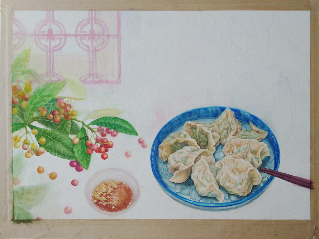 boiled-dumplings-and-ardisia-crispa-and-cyclamen-watercolor-food-painting-by-sweetfish-food-art-painting-steps-11