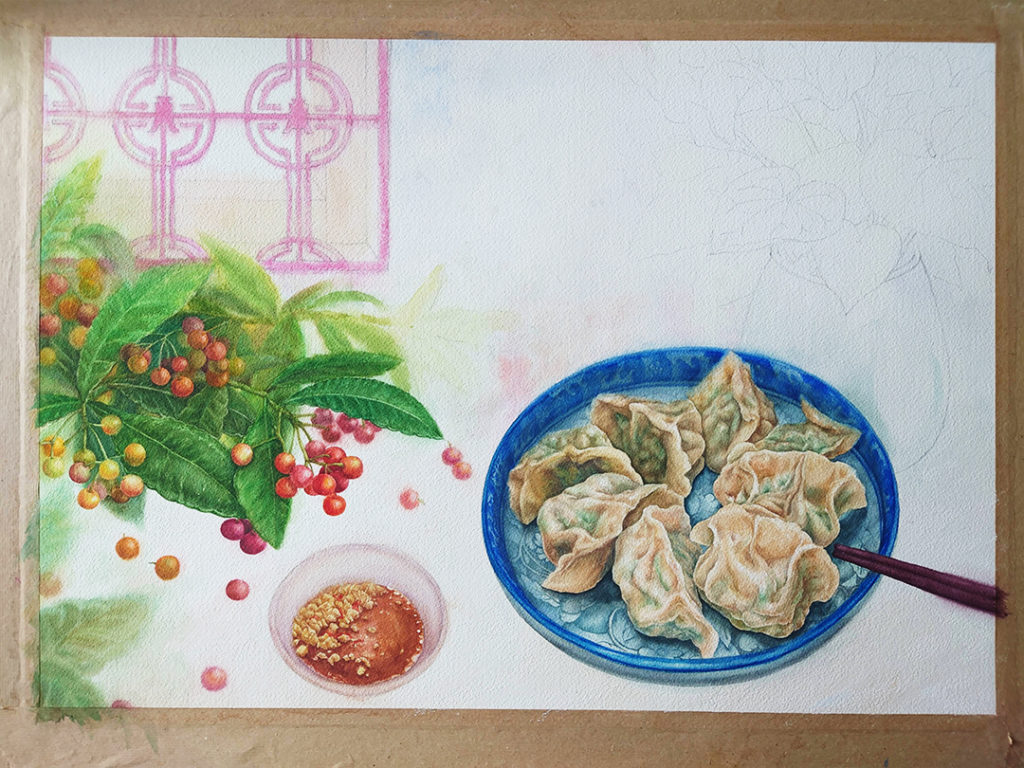 boiled-dumplings-and-ardisia-crispa-and-cyclamen-watercolor-food-painting-by-sweetfish-food-art-painting-steps-12