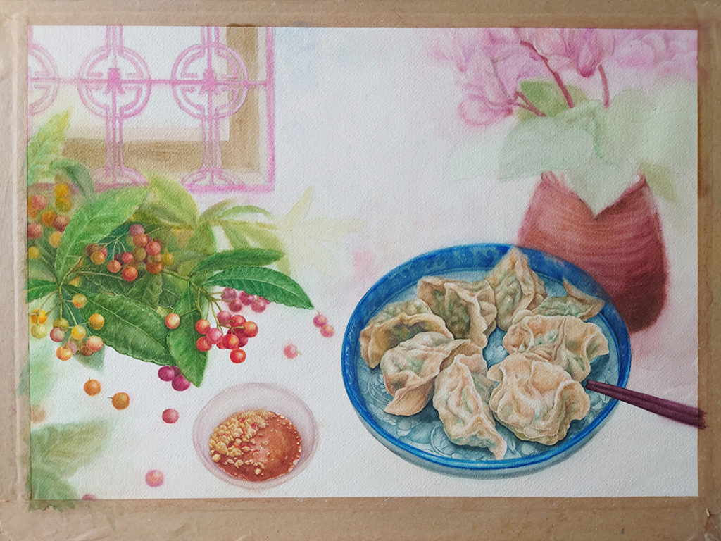boiled-dumplings-and-ardisia-crispa-and-cyclamen-watercolor-food-painting-by-sweetfish-food-art-painting-steps-13