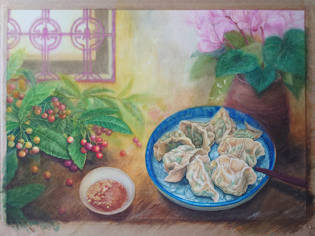 boiled-dumplings-and-ardisia-crispa-and-cyclamen-watercolor-food-painting-by-sweetfish-food-art-painting-steps16