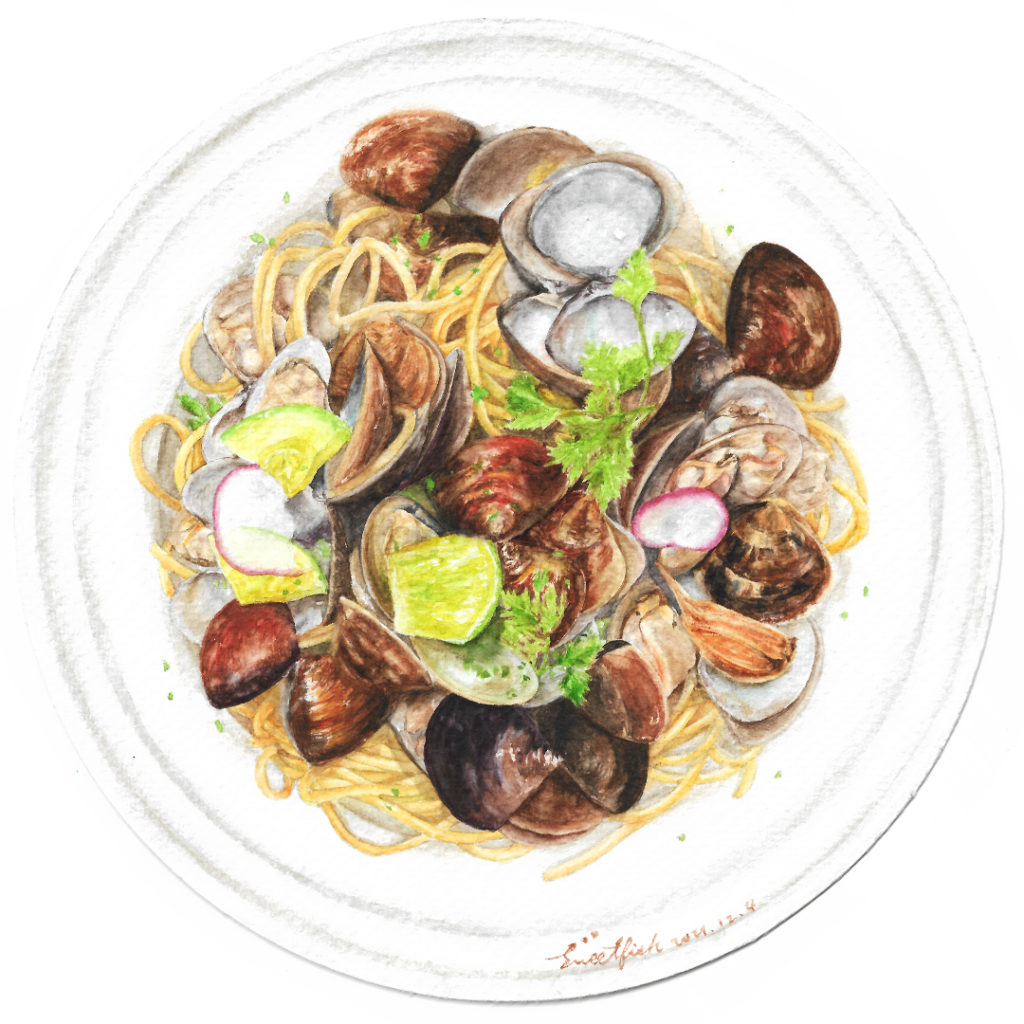 spaghetti-with-clams-watercolor-food-illustration-by-sweetfish-food-art
