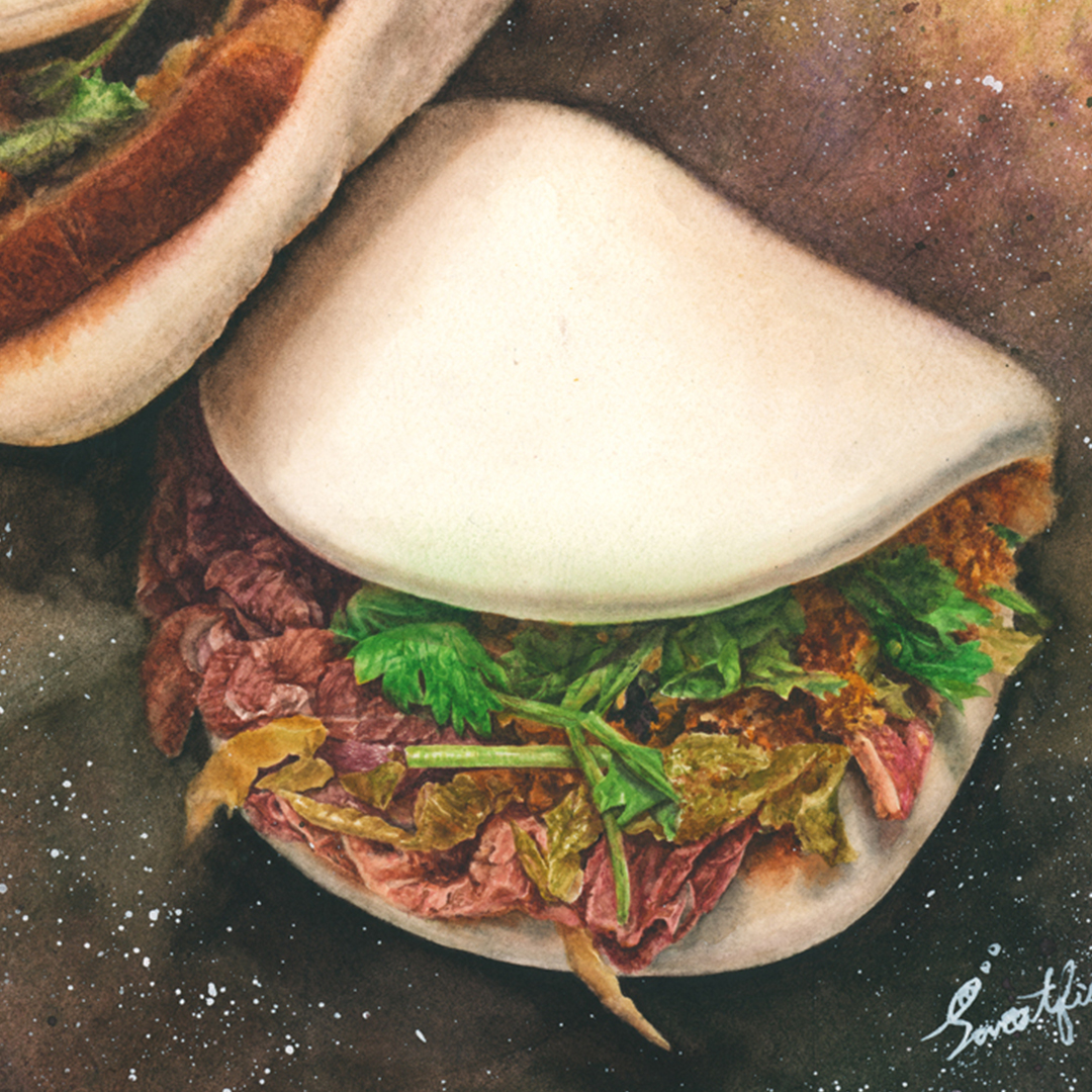 tiger-bites-pig-pork-belly-bun-taiwanese-hamburger-watercolor-food-painting-by-sweetfish-food-art-cover