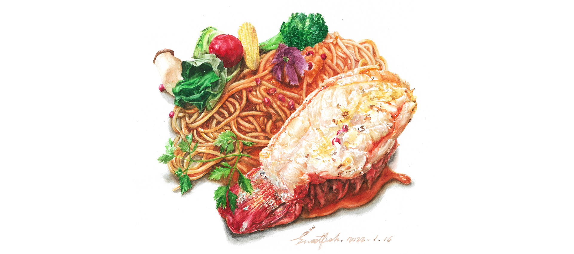 aurora-blue-cheese-spaghetti-with-lobster-watercolor-illustration-by-sweetfish-food-art