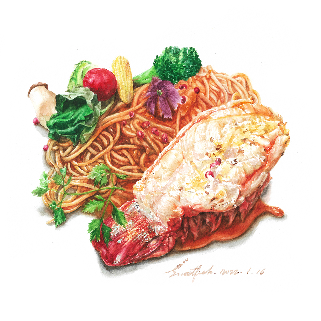 aurora-blue-cheese-spaghetti-with-lobster-watercolor-illustration-by-sweetfishfoodart