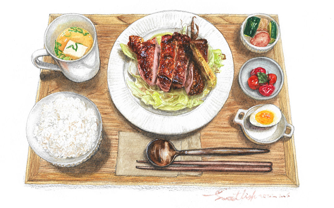 baked-chicken-thigh-meal-set-watercolor-food-illustration-by-sweetfishfoodart