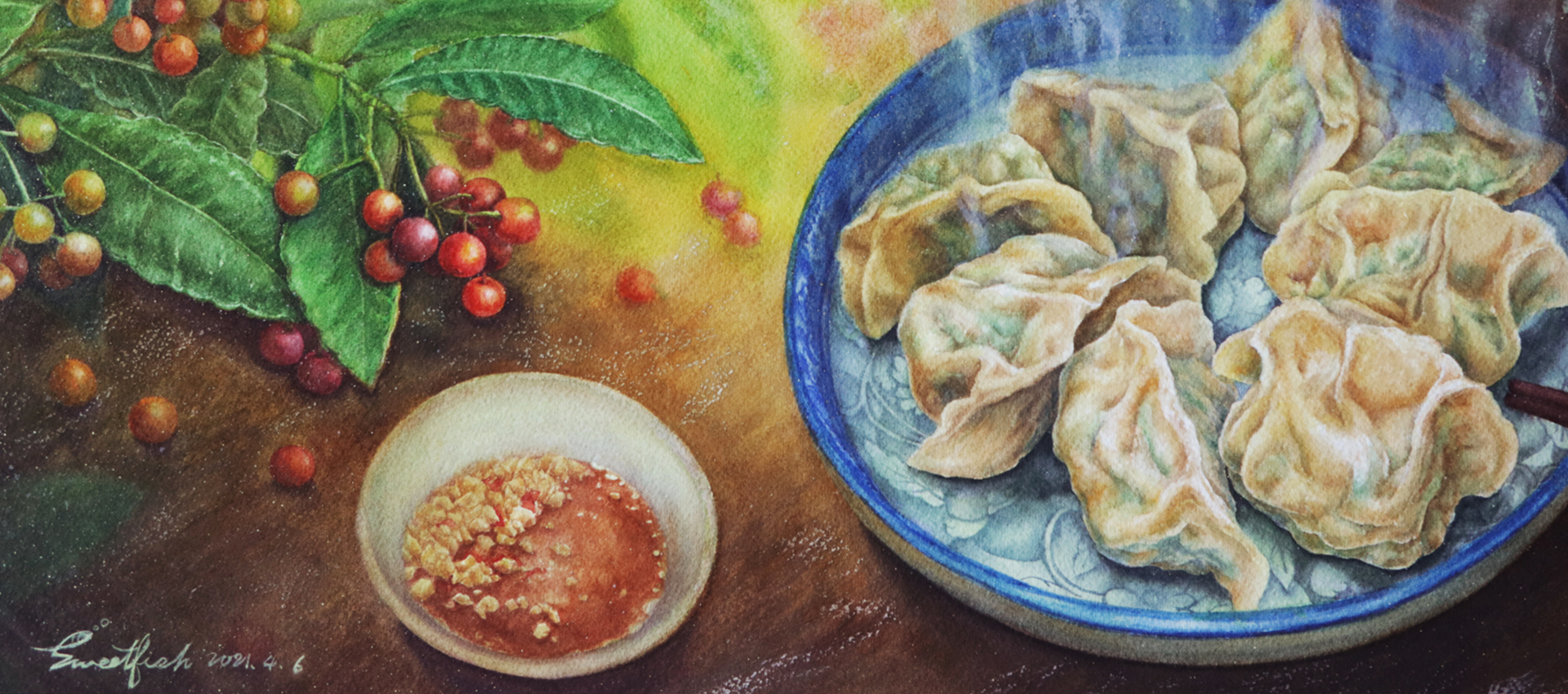 boiled-dumplings-and-ardisia-crispa-food-watercolor-painting-by-sweetfish-food-art