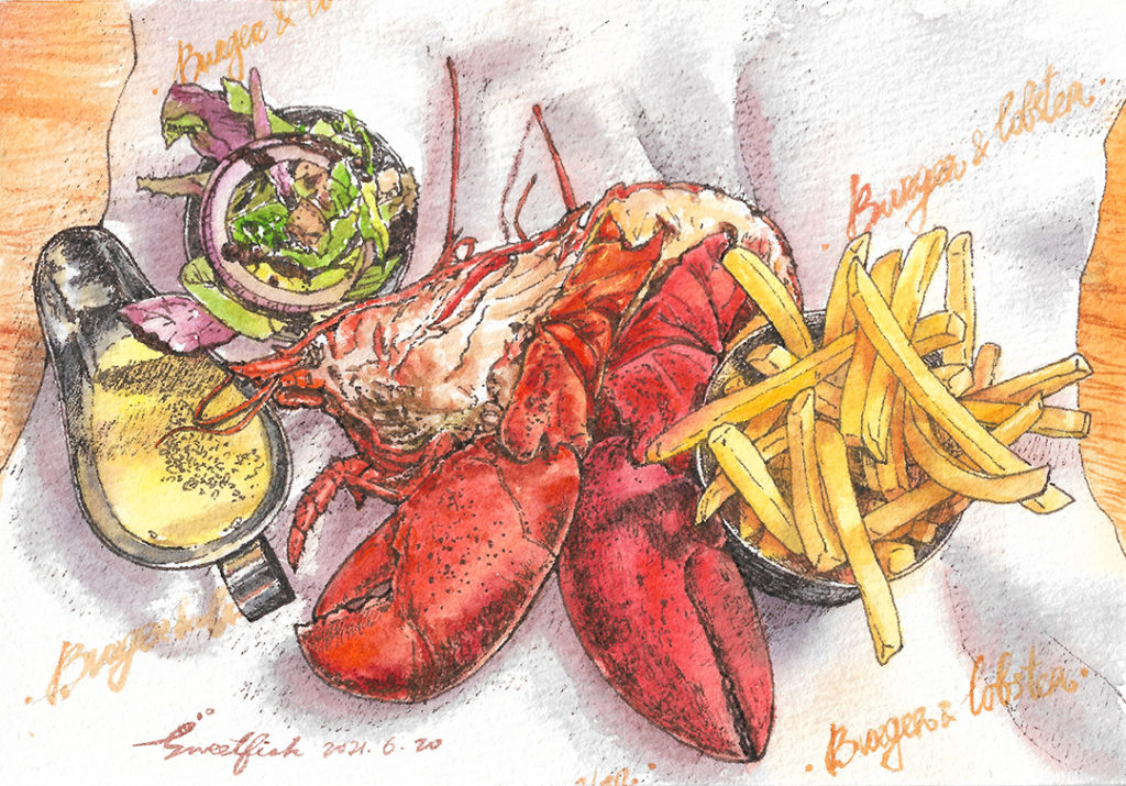 burger&lobster-watercolor-food-illustration-by-sweetfish-food-art