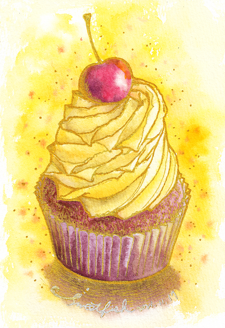 cherry-cake-watercolor-illustration-by-sweetfish-food-art-golden-outline