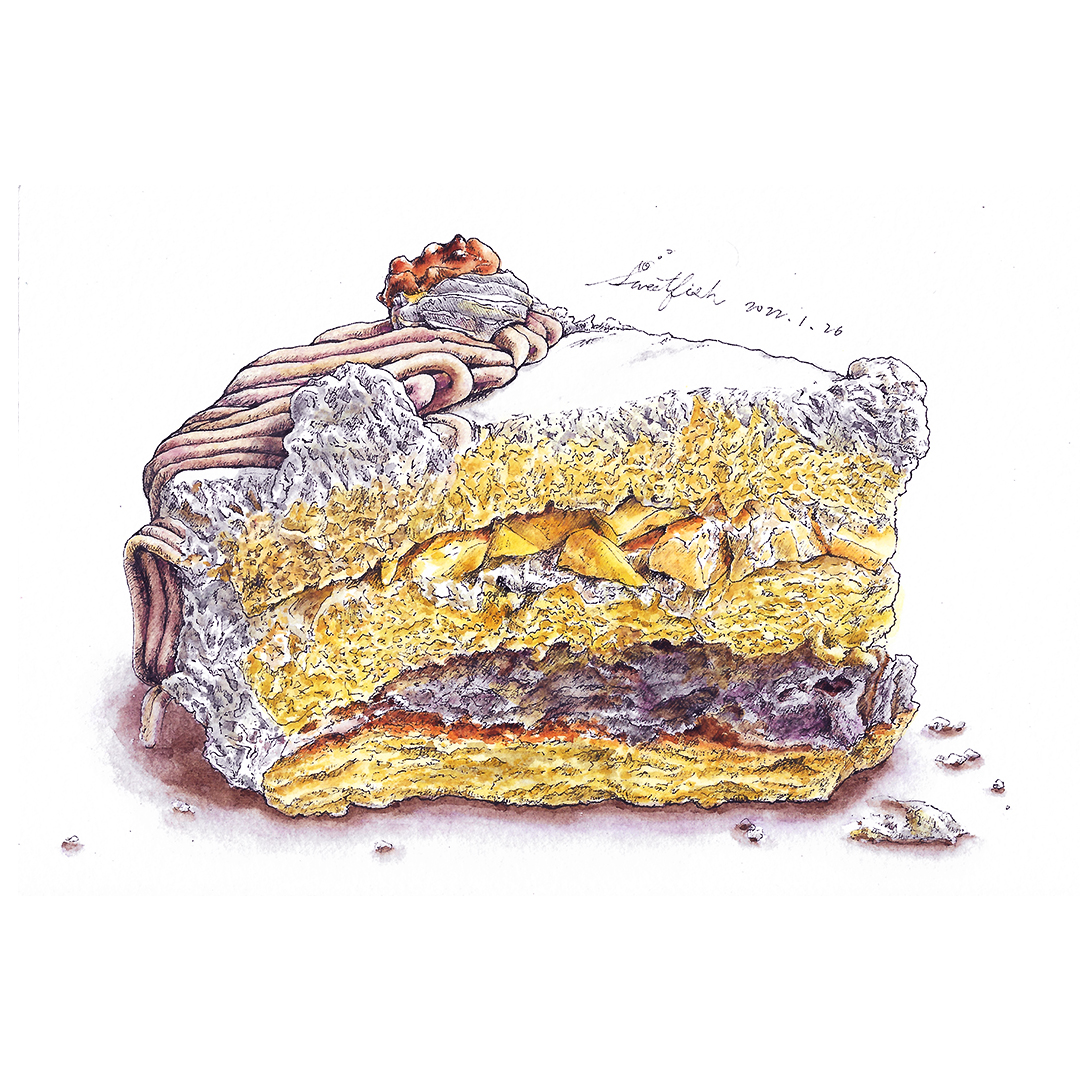 chiffon-cake-with-taro-and-pudding-watercolor-food-illustration-by-sweetfishfoodart