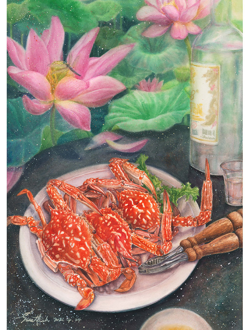 flower-crabs-and-lotus-and-Kinmen-Kaoliang-liquor-watercolor-food-painting-by-sweetfish-food-art