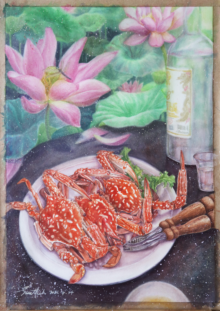 flower-crabs-and-lotus-and-Kinmen-Kaoliang-liquor-watercolor-food-painting-by-sweetfish-food-art-painting-process-10