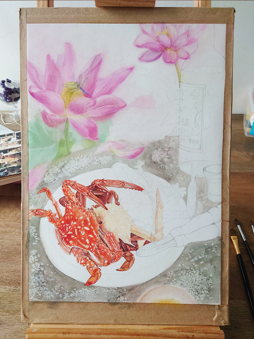 flower-crabs-and-lotus-and-Kinmen-Kaoliang-liquor-watercolor-food-painting-by-sweetfish-food-art-painting-process-4