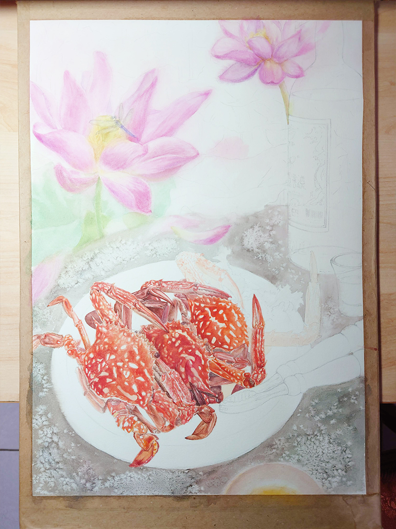 flower-crabs-and-lotus-and-Kinmen-Kaoliang-liquor-watercolor-food-painting-by-sweetfish-food-art-painting-process-5