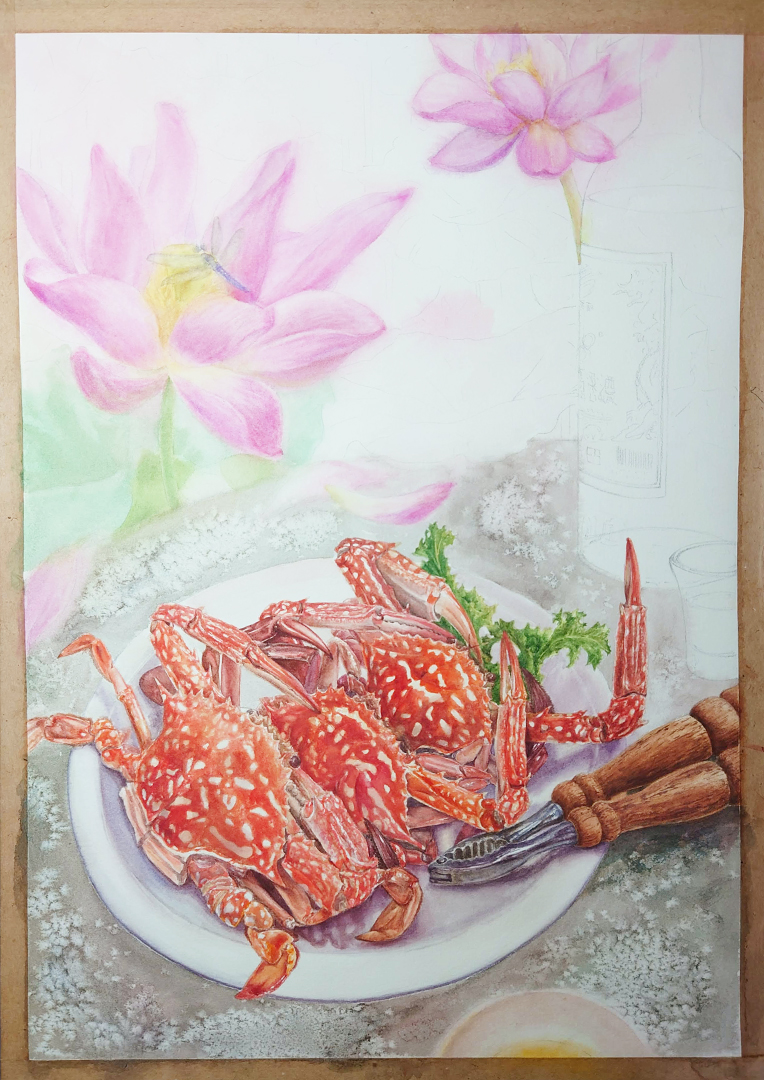 flower-crabs-and-lotus-and-Kinmen-Kaoliang-liquor-watercolor-food-painting-by-sweetfish-food-art-painting-process-6