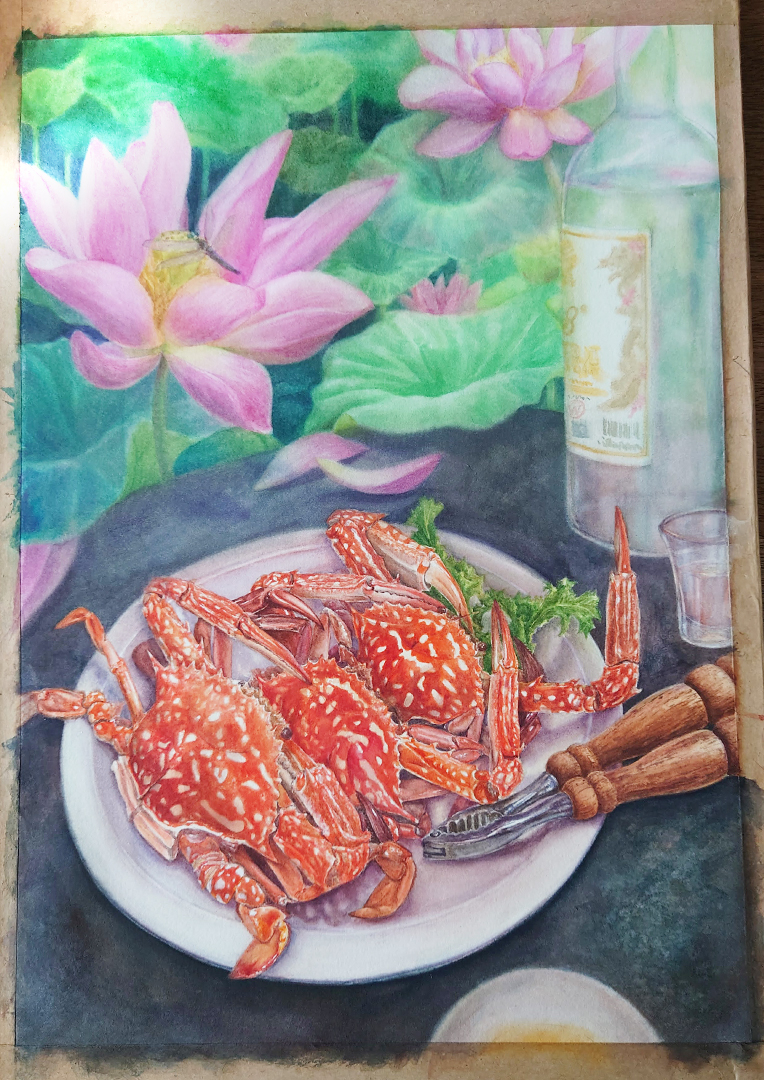 flower-crabs-and-lotus-and-Kinmen-Kaoliang-liquor-watercolor-food-painting-by-sweetfish-food-art-painting-process-9