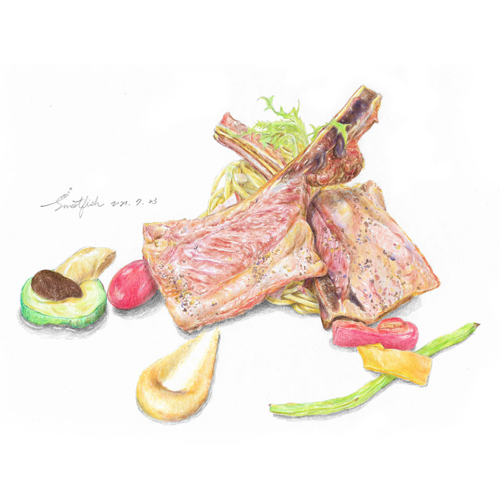 garlic-spaghetti-with-pork-ribs-colored-pencil-food-illustration-by-sweetfish-food-art