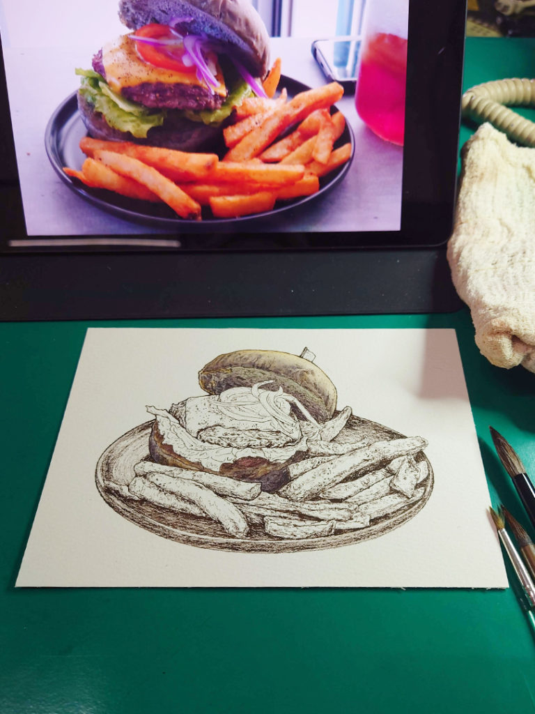 hamburger-and-fries-watercolor-food-illustration-by-sweetfish-food-art-painting-process
