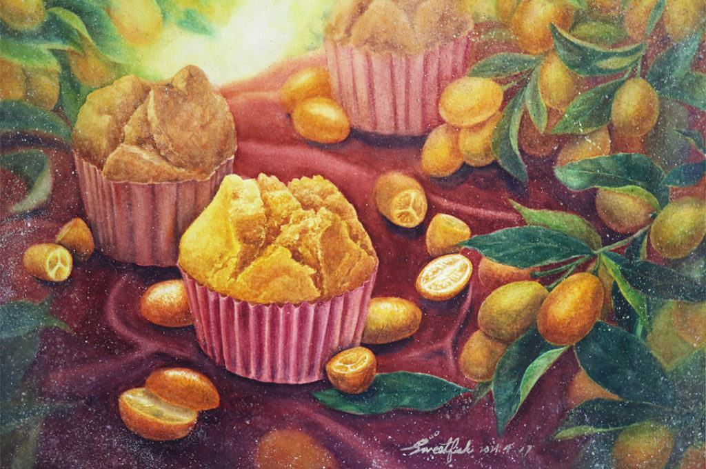 steamed-sponge-cake-and-kumquat-watercolor-food-painting-by-sweetfish-food-art