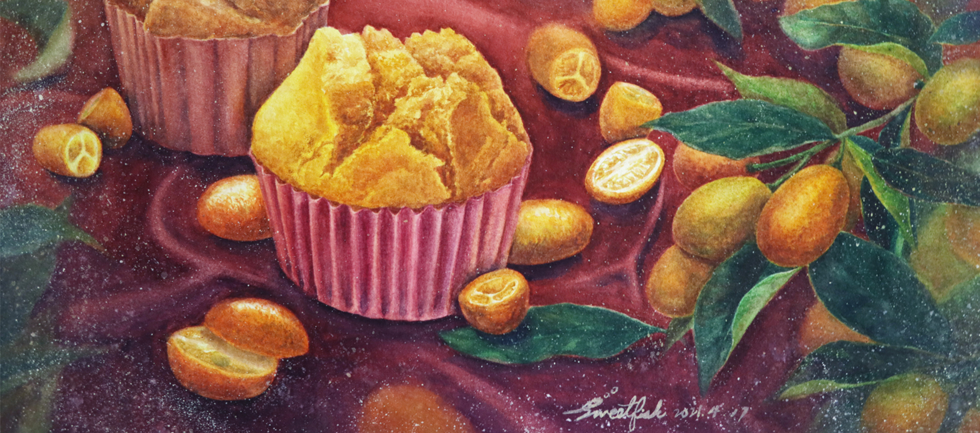 steamed-sponge-cakes-and-kumquats-food-watercolor-painting-by-sweetfish-food-art-