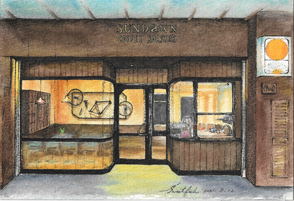 sundawn-coffee-roaster-cauton-shop-watercolor-shopfront-illustration-by-sweetfish-food-art