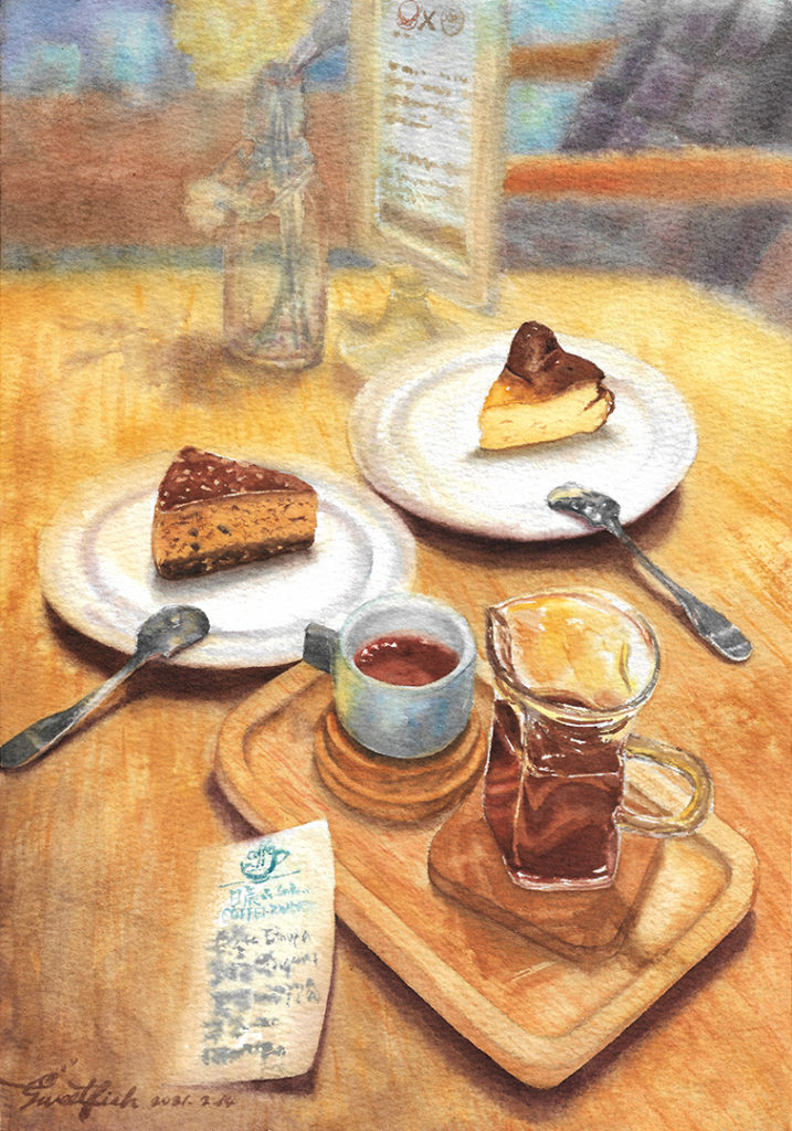 sundawn-coffee-roaster-pour-over-and-cakes-watercolor-food-painting-by-sweetfish-food-art