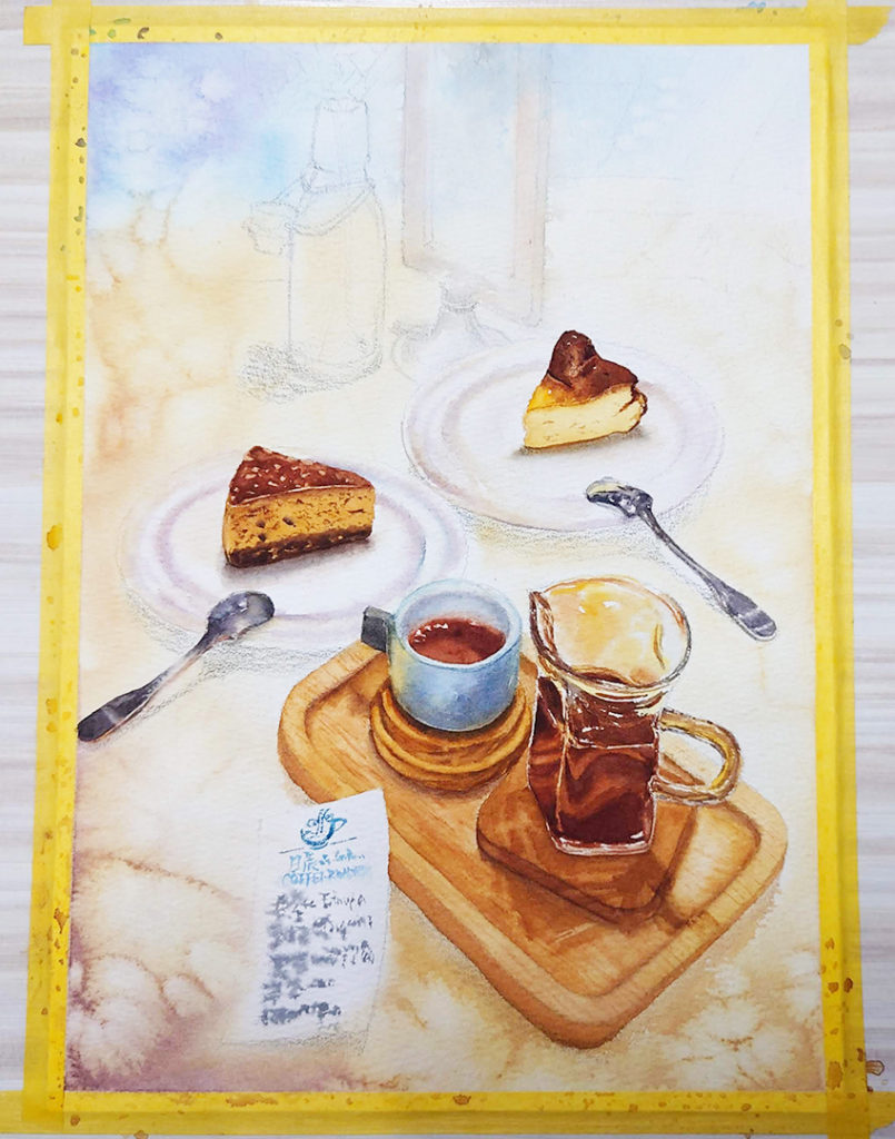 sundawn-coffee-roaster-pour-over-and-cakes-watercolor-food-painting-by-sweetfish-food-art-painting-process-4