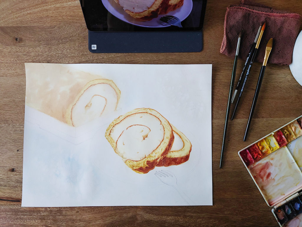 tiger-skin-cake-roll-watercolor-food-painting-by-sweetfishfoodart-painting-process-3