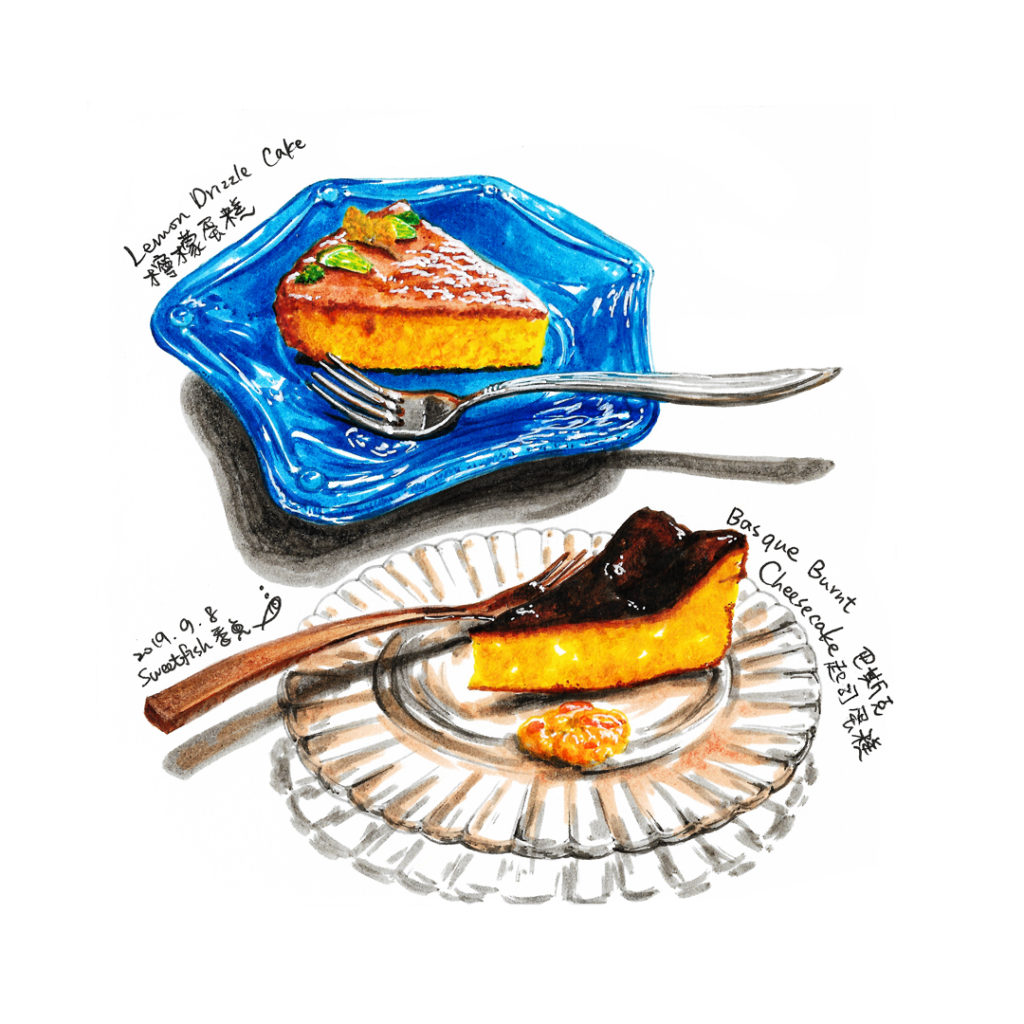 basque-burnt-cheesecake-and-lemon-drizzle-cake-marker-food-illustration-by-sweetfish-food-art