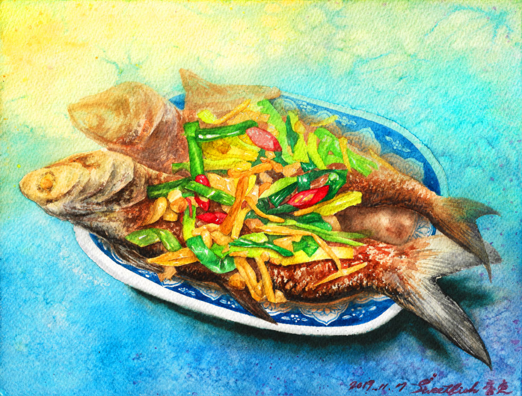 surplus-every-year-braised-fish-watercolor-food-painting-by-sweetfish-food-art