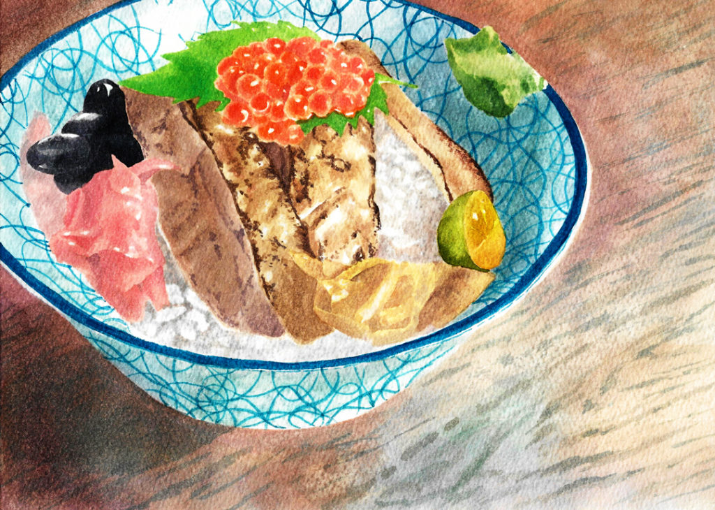broiled-flounder-fin-donburi-watercolor-food-painting-by-sweetfish-food-art