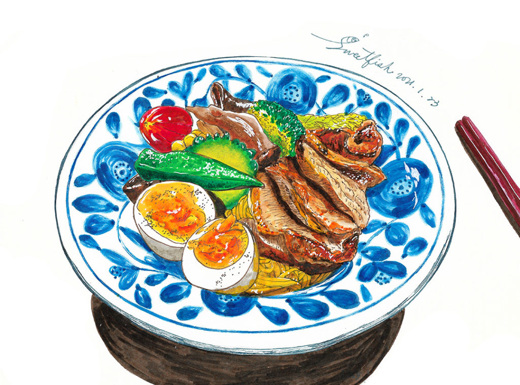 chinese-shallot-verimilcelli-with-fermented-tofu-pork-neck-marker-food-illustration-by-sweetfish-food-art