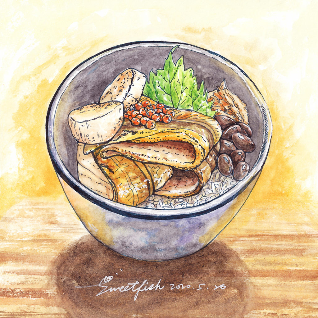 conger-eel-and-scallops-rice bowl-anagodon-watercolor-food-painting-by-sweetfish-food-art