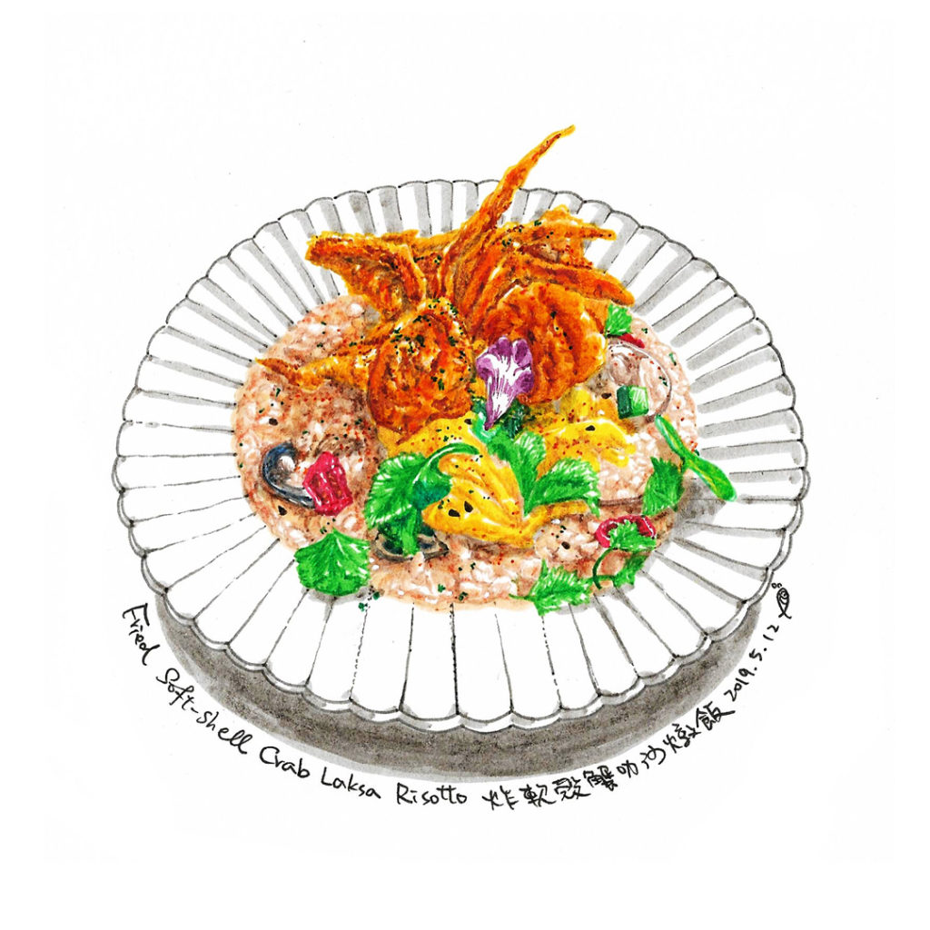 fried-soft-shell-crab-laksa-risotto-marker-food-illustration-by-sweetfish-food-art