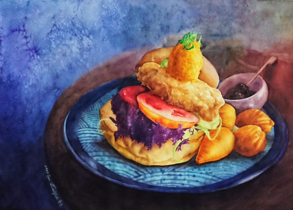 japanese-fried-chicken-hamburger-with-tater-tots-and-candied-black-beans-watercolor-food-painting-by-sweetfish-food-art
