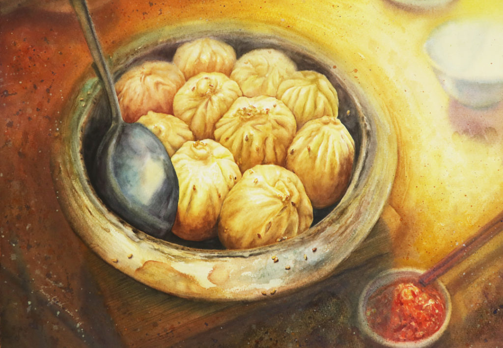 pan-fried-buns-watercolor-food-painting-by-sweetfish-food-art-painting
