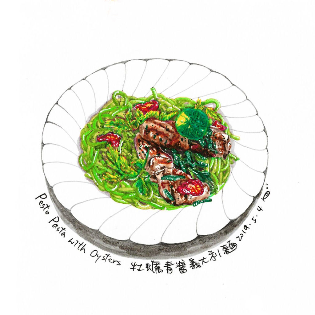 pesto-pasta-with-oysters-marker-food-illustration-by-sweetfish-food-art