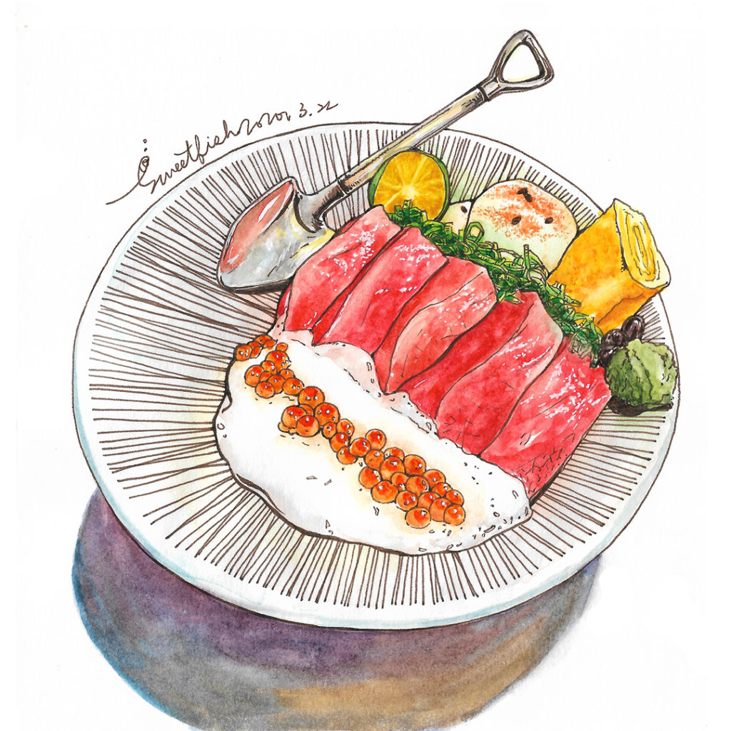 salmon-roe-and-akami-sashimi-don-watercolor-food-illustration-by-sweetfish-food-art