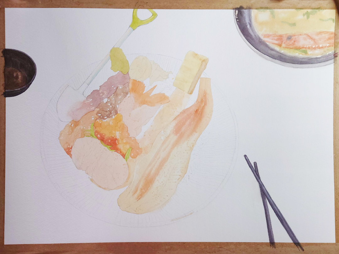 seared-surf-and-turf-donburi-with-miso-soup-painting-process-2