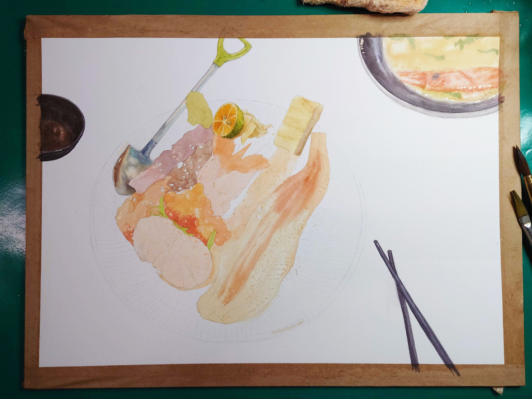 seared-surf-and-turf-donburi-with-miso-soup-painting-process-3