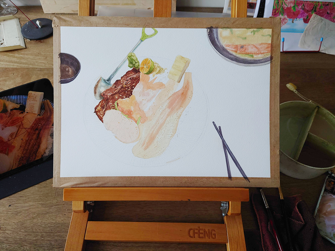 seared-surf-and-turf-donburi-with-miso-soup-painting-process-4