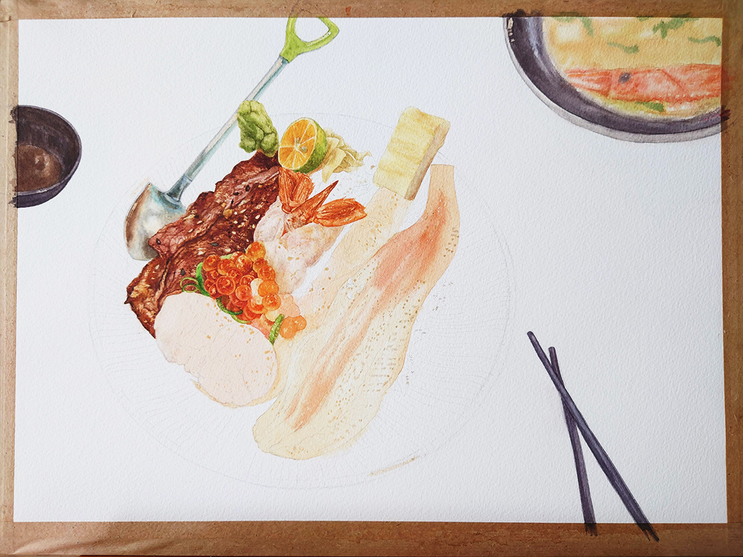 seared-surf-and-turf-donburi-with-miso-soup-painting-process-5