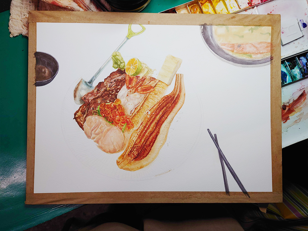 seared-surf-and-turf-donburi-with-miso-soup-painting-process-7