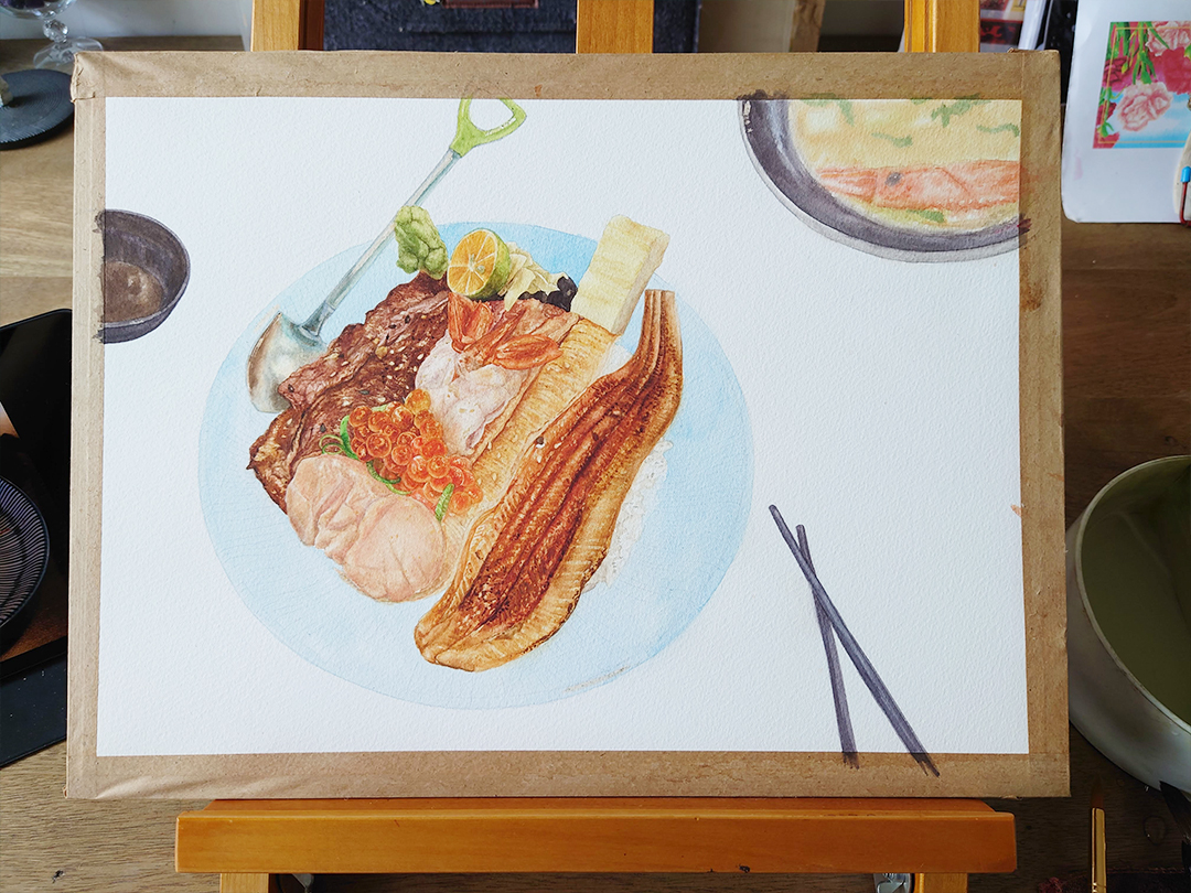 seared-surf-and-turf-donburi-with-miso-soup-painting-process-8