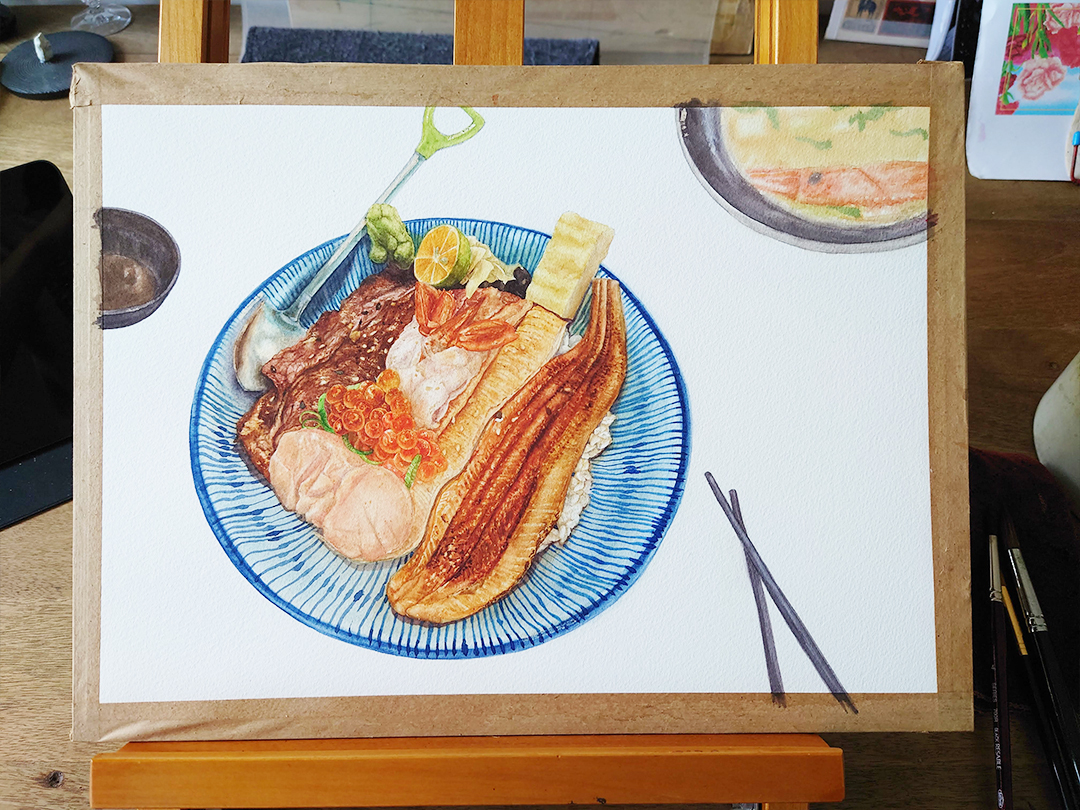seared-surf-and-turf-donburi-with-miso-soup-painting-process-9