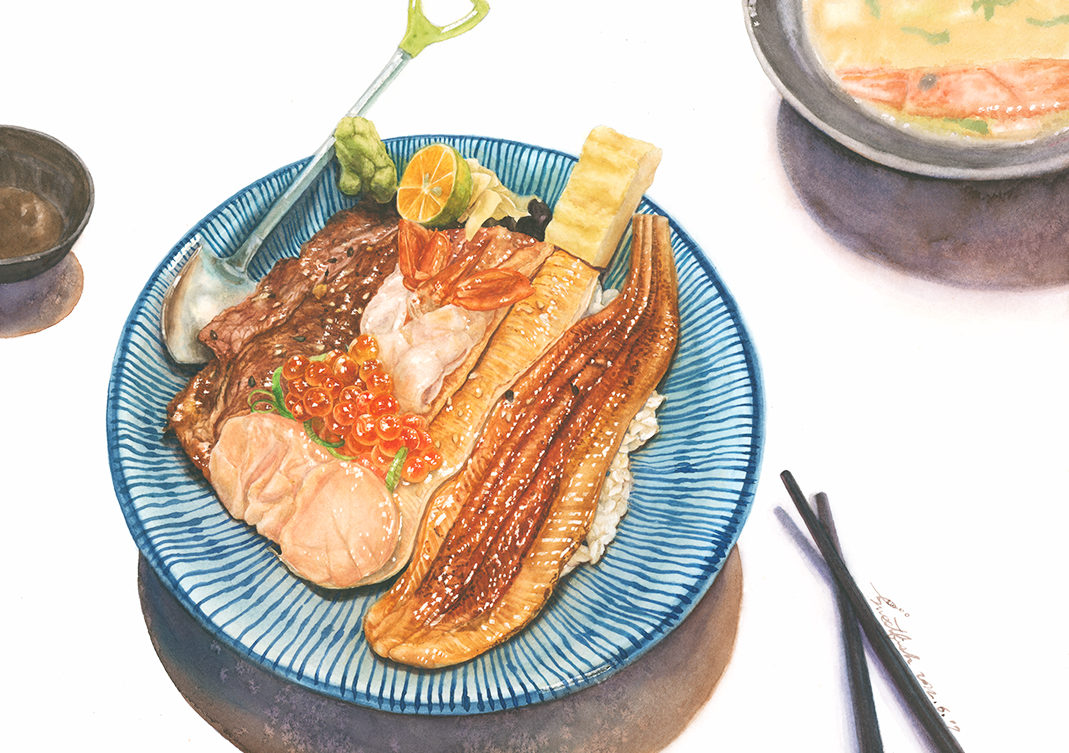 seared-surf-and-turf-donburi-with-miso-soup-watercolor-food-illustration-by-sweetfish-food-art