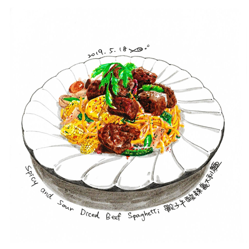 spicy-and-sour-diced-beef-spaghetti-marker-food-illustration-by-sweetfish-food-art